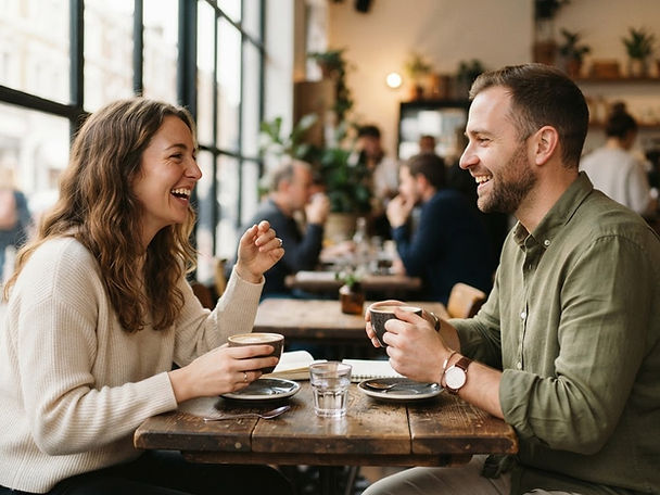 Zwei Personen im Gespräch in einem hellen Café